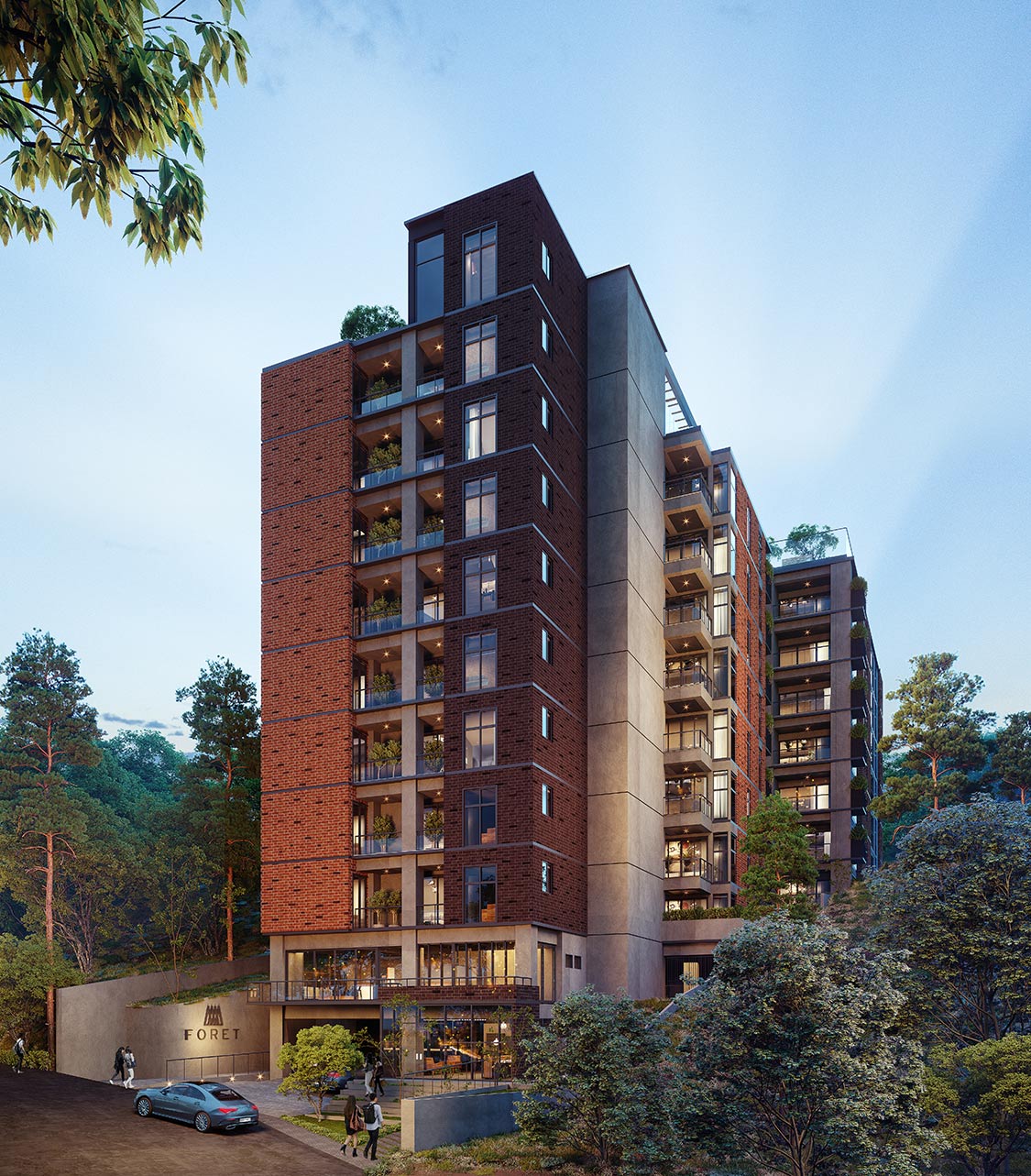Fachada principal FORET - Apartamentos de lujo en Kanajuyú Zona 16 Guatemala con diseño arquitectónico moderno