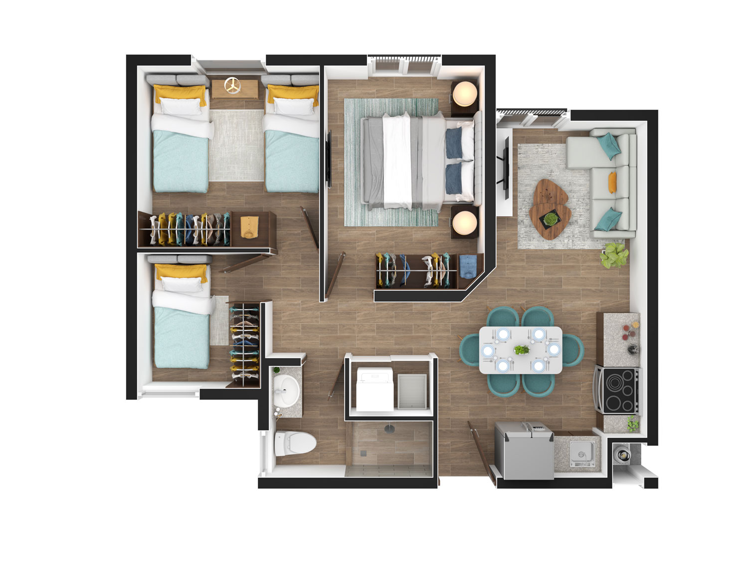 Planta del apartamento modelo 3H1 de 55m2 en Futura 21, Zona 21